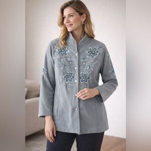 Bob Mackie Wearable Art Embroidered Jacket – Blue Floral, Size 1X